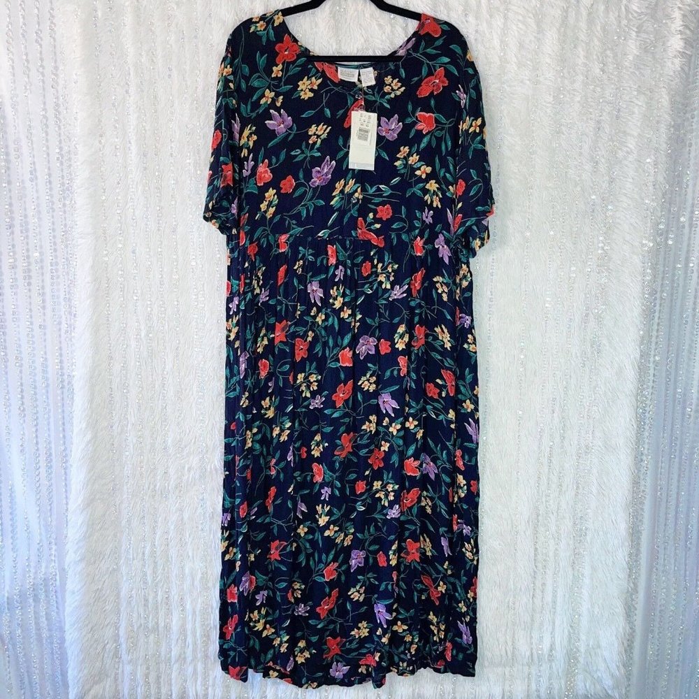 NEW BASIC EDITIONS Midi Dress Womens LARGE Black Red Floral Krinkle Short Sleeve